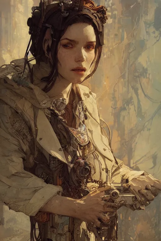 Image similar to A full portrait of a beautiful post apocalyptic offworld junk merchant, intricate, elegant, highly detailed, digital painting, artstation, concept art, smooth, sharp focus, illustration, art by Krenz Cushart and Artem Demura and alphonse mucha