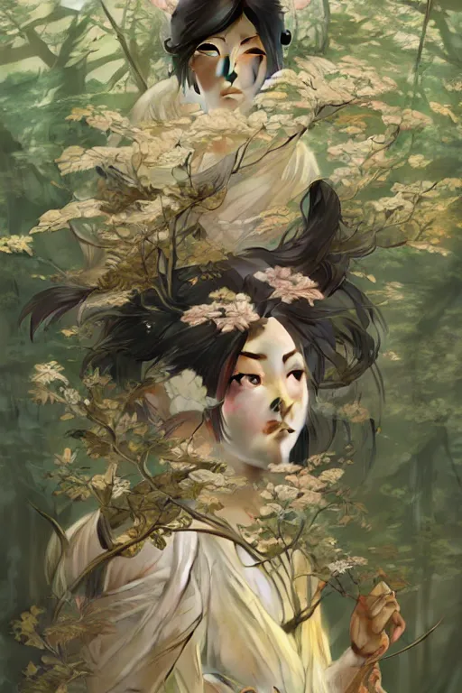 Image similar to Japanese goddess of nature, accurate anatomy, only two hands, highly detailed, digital painting, artstation, concept art, smooth, sharp focus, illustration, Unreal Engine 5, 8K, art by Ross Tran and greg rutkowski and alphonse Mucha