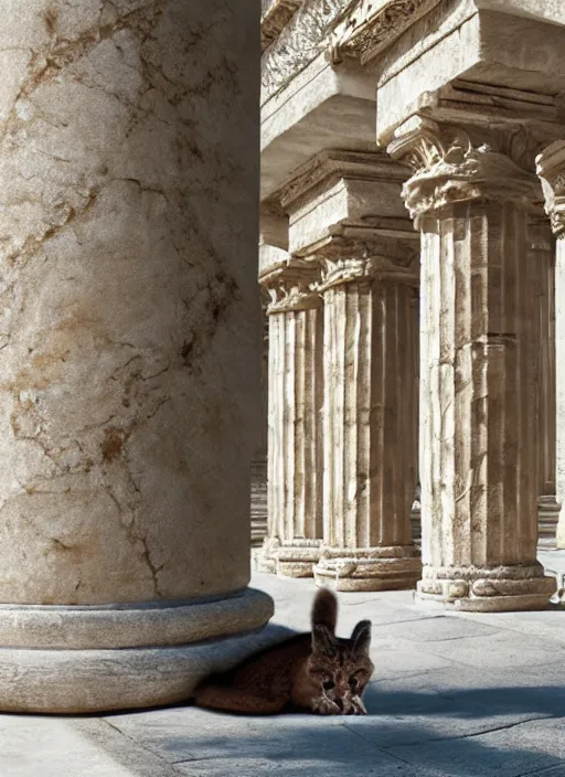 Prompt: hyper realistic fluffy caracal dressed in toga, in ancient greek city, marble columns, temple, olive trees, atmospheric beautiful details, strong composition painted by kim jung giu weta studio rutkowski, james gurney and greg rutkowski, and lucasfilm