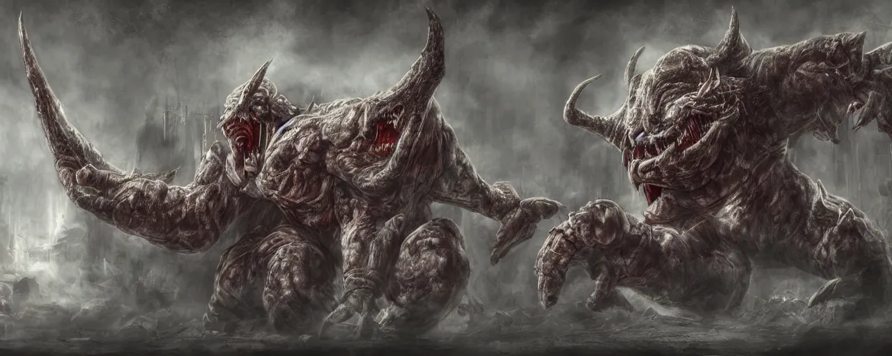 Image similar to concept art of mario hiding from bowser with huge horns and scales and talons, resident evil, horror, occult, terror, mist, volumetric render, digital painting, detailed painting