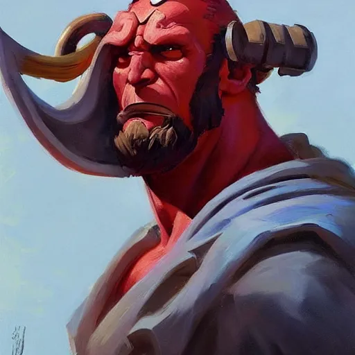Image similar to greg manchess portrait painting of the hellboy as overwatch character, medium shot, asymmetrical, profile picture, organic painting, sunny day, matte painting, bold shapes, hard edges, street art, trending on artstation, by huang guangjian and gil elvgren and sachin teng