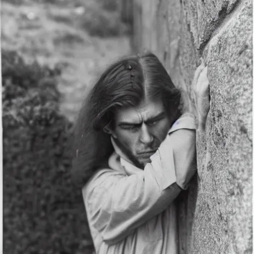 Prompt: Photograph of an utterly terrified young man with long hair on the verge of panic tears cornered against a stone wall. He is wearing a 1930s attire. He looks utterly panicked and distressed and is trying to protect himself from an assailant.