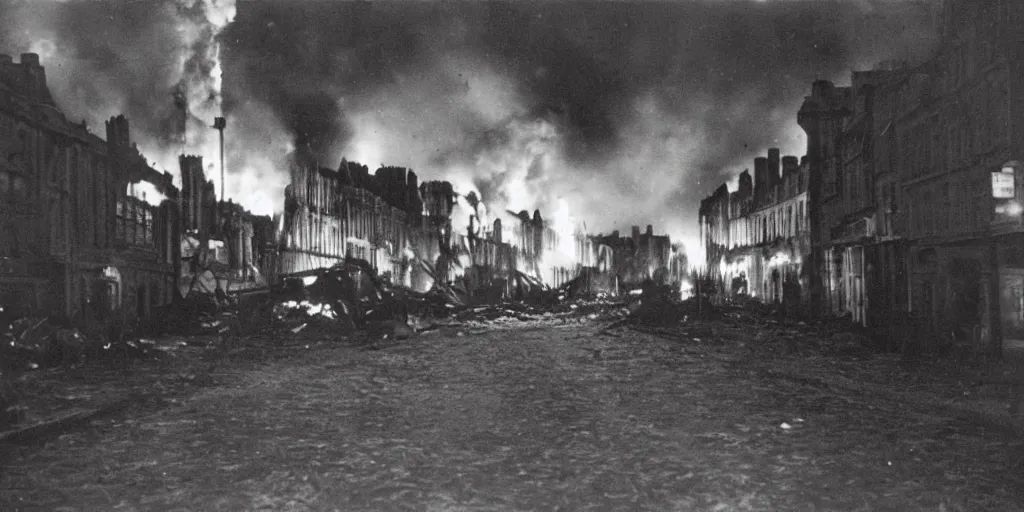 Image similar to a colour photo taken at night of saint - malo street on fire after a bombing in 1 9 4 5