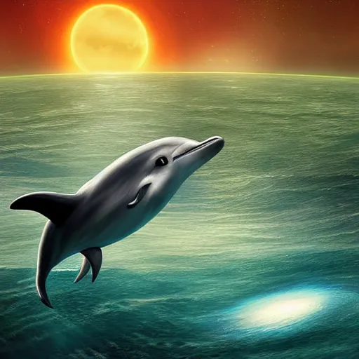 Image similar to a spaceship flies past an alien ocean and a dolphin wistfully watches from the water, sci-fi digital art illustration,