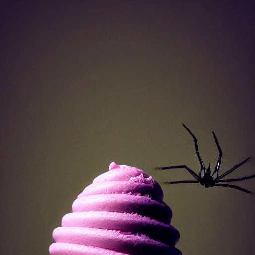 Prompt: detailed color photograph of a levitating ice cream cone with hairy, wriggling spider legs. shallow depth - of - field. dramatic light.