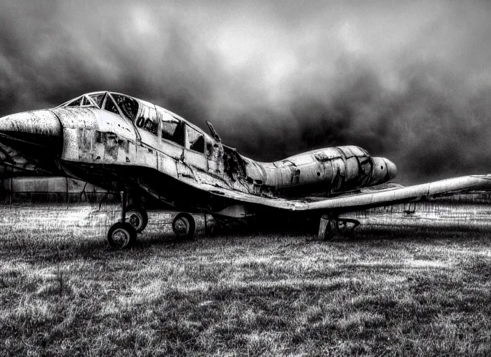 Image similar to black and white photograph of a crashed abandoned military jet in kansas city, rainy and foggy, soft focus