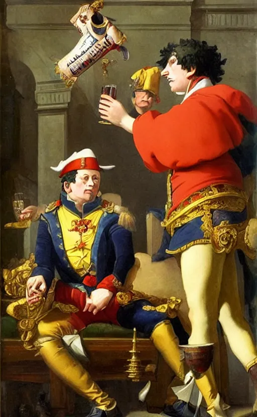 Prompt: a painting of napoleon and king of thieves luffy happily drinking beer, flemish baroque, neoclassicism, flowers