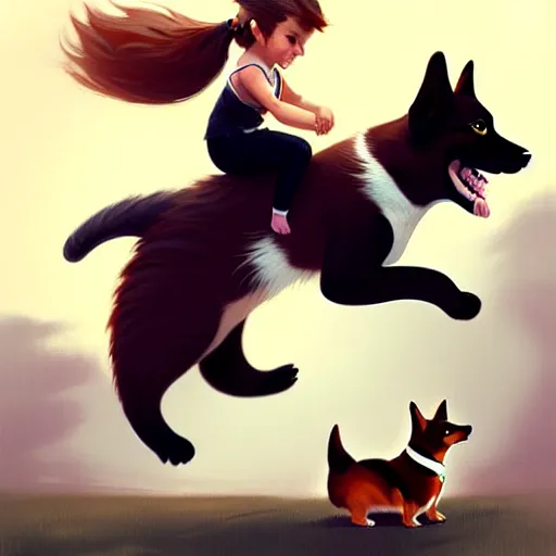 Image similar to tiny cat girl riding on the back of a giant corgi by greg rutkowski