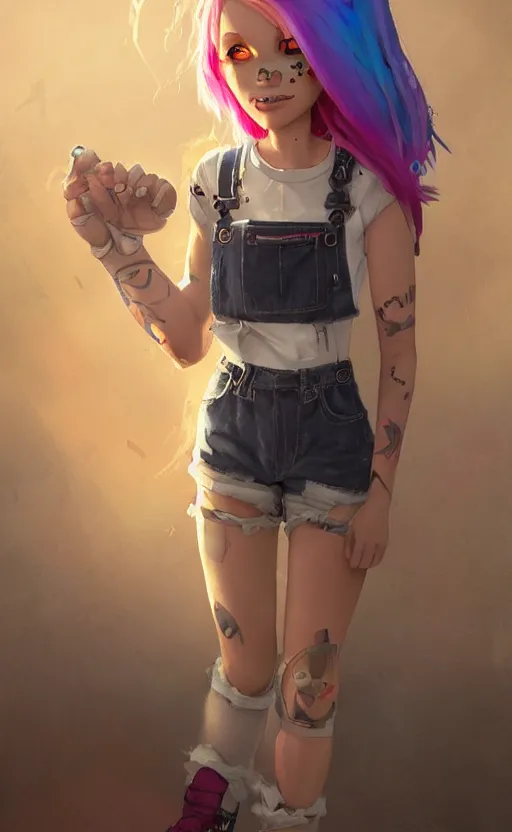 Prompt: a cute grungy pixar woman with rainbow hair, drunk, angry, soft eyes and narrow chin, dainty figure, long hair straight down, torn overalls, short shorts, combat boots, basic white background, side boob, symmetrical, single person, style of by Jordan Grimmer and greg rutkowski, crisp lines and color,