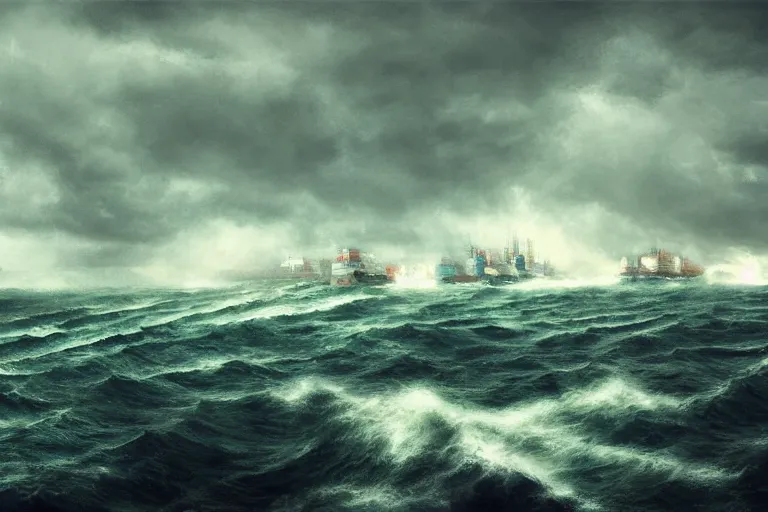 Image similar to merchant ship fleet in a storm, in the style of vernon grant and chris van allsburg, raging stormy sea, trending on artstation, bright tilt - shift camcorder effect, photoshop, retrowave, hyperrealism, octane, sharp focus, masterpiece