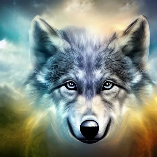 Image similar to of a fantasy sky and the gases and clouds shape into a wolf's head epic digital art