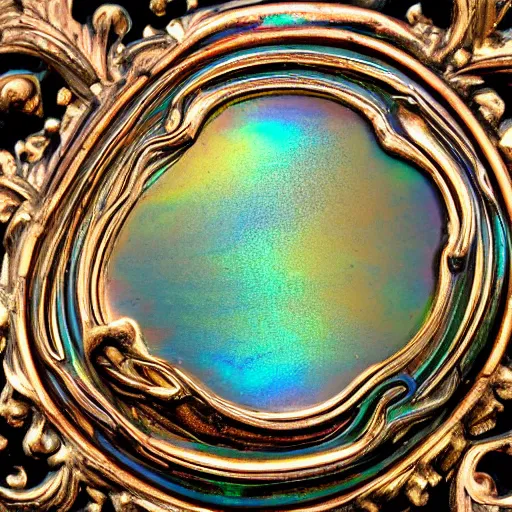 Image similar to Art Nouveau cresting oil slick waves, hyperdetailed bubbles in a shiny iridescent oil slick wave, ornate copper patina medieval ornament, rococo