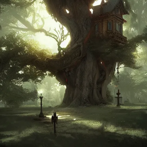 Image similar to A mansion in the tree , Greg rutkowski, Trending artstation, cinematográfica, digital Art