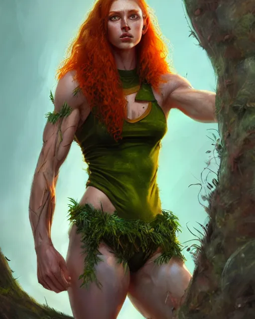 Image similar to muscular female druid, perfect face, thin antlers, green crop top, ginger hair, abs, cinematic, freckles, stunning, athletic, strong, agile, highly detailed, psychedelic, digital painting, artstation, smooth, hard focus, illustration, art by jessica rossier and and brian froud