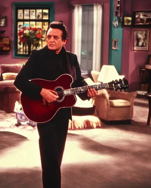 Prompt: film still of Johnny Cash in the TV show friends, vibrant high contrast, octane, arney freytag, cinematic, glamorous, backlit, rim lighting, 8k