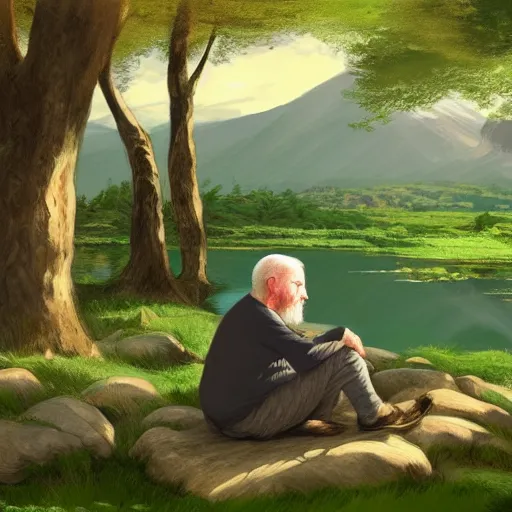 Image similar to portrait of an old irish man sitting on a stone in a grove in ireland next to a lake, highly detailed, digital painting, concept art, sharp focus, by makoto shinkai