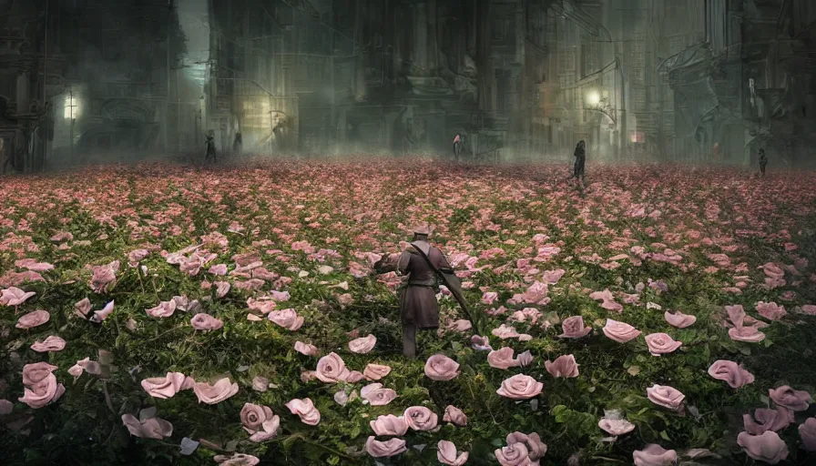 Prompt: lawyers are disappointed and frustrated since the rose flowers are all withered and turned to dust, the , a hyperrealistic photograph 3D octane render of a highly detailed epic cinematic concept art CG render digital painting artwork powerful 8k