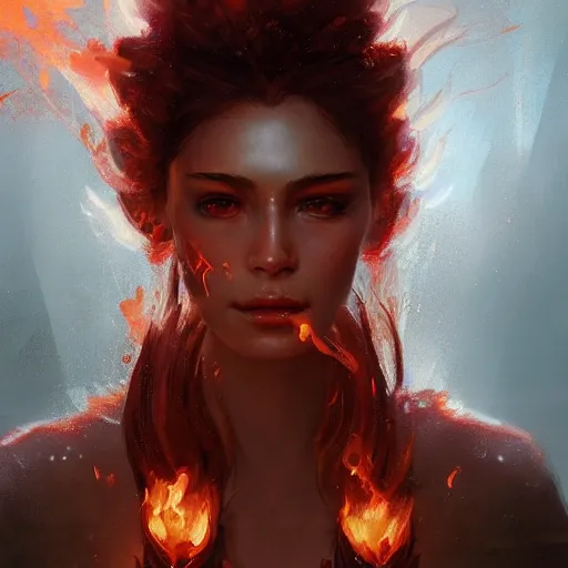 Image similar to a beautiful portrait of a flame goddess by by Greg Rutkowski and Raymond Swanland, Trending on Artstation, Flaming Background, ultra realistic digital art