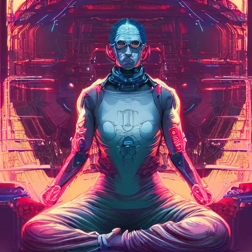 Image similar to comic book illustration, cyberpunk concept art, a portrait of a cybernetic monk meditating in lotus pose, art by josan gonzales and wlop, highly detailed, intricate, sci-fi, sharp focus, Trending on Artstation HQ, deviantart