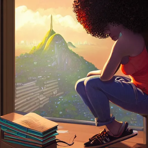 Image similar to lo-fi colorful masterpiece by Ross Tran, WLOP, Dan Mumford, Christophe Vacher, painting, black girl, curly hair, with headphones, studyng in bedroom, window with rio de janeiro view, lo-fi illustration style, by WLOP, by loish, by apofis, alive colors