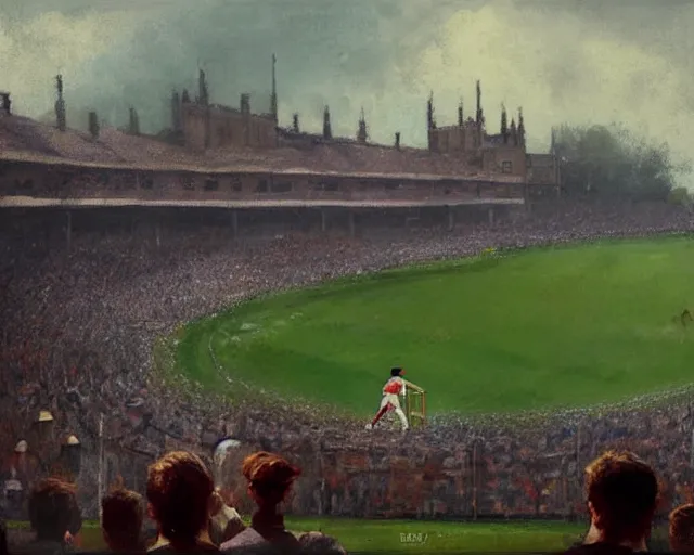 Image similar to emma watson opens the batting for england at lord's cricket ground, pil painting by greg rutkowski