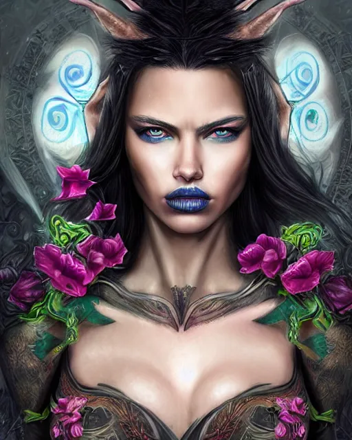 Image similar to close-up face centred portrait Adriana Lima as a female elf, body covered in floral tattoos and elfish runes , open magic book glowing, D&D, fantasy, highly detailed, digital art, fantasy illustration, trending on artstation, smooth, sharp focus, illustration, art by artgem and ROBERT HYNES