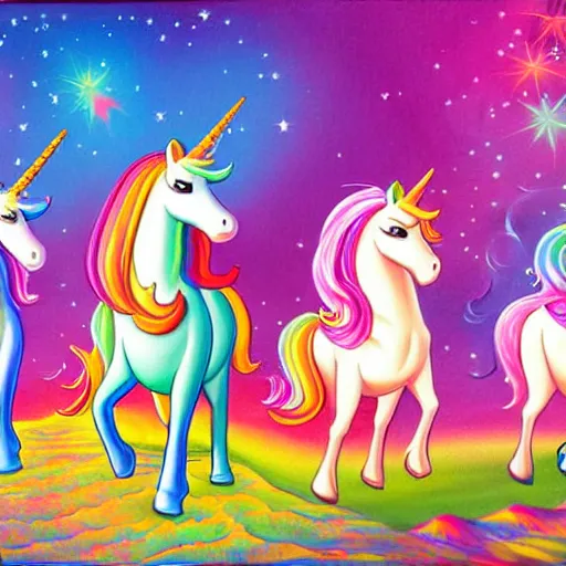 Prompt: a painting of three managers riding unicorns, a storybook illustration by Lisa Frank, featured on pixiv, magical realism, irridescent, storybook