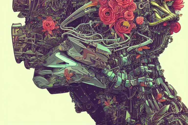 Image similar to gigantic mecha head, a lot of exotic vegetation, trees, flowers by moebius, dull colors, junji ito, tristan eaton, victo ngai, artgerm, rhads, ross draws, hyperrealism, intricate detailed, risograph