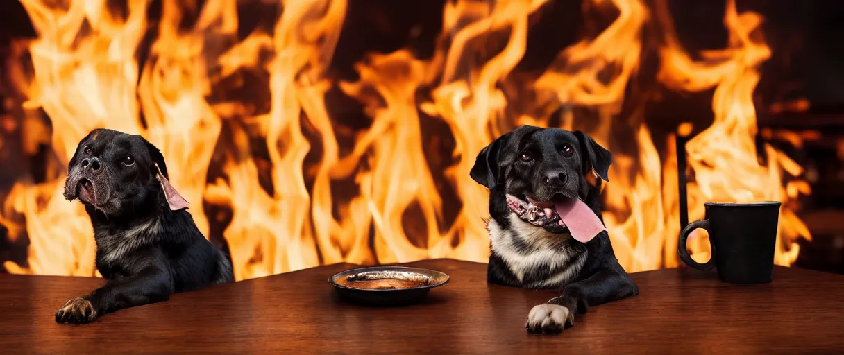 Image similar to a photograph (flash on) of one relaxed anthropomorphic dog sitting on a wooden chair at a table (no fire at all there), it is surrounded by flames, there is a full cup of coffee on the table, huge fire on a dining room in the background, a lot of flames behind the dog, black smoke instead of the ceiling, no watermark
