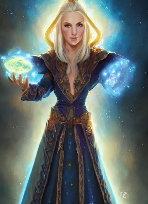 Prompt: blonde female high elf with blue glowing eyes in a multicolored robe, floatiung in front of a nebula, D&D, fantasy, intricate, cinematic lighting, highly detailed, digital painting, Artstation, concept art, smooth, sharp focus, art by Artgerm and Greg Rutkowski, SFW Version