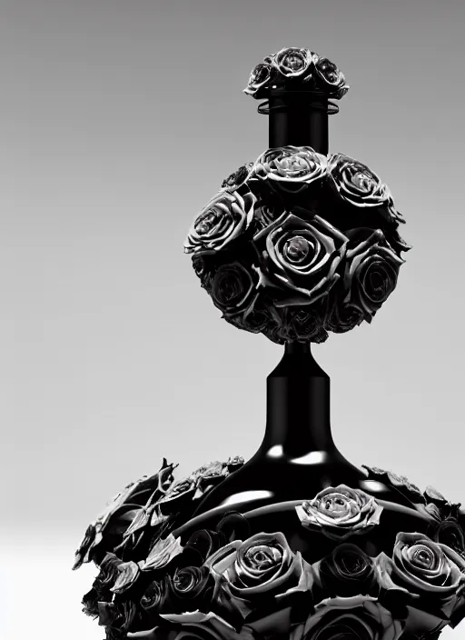 Image similar to perfume bottle surrounded sitting on a biomechanical black bowl made of corals, roses in an ivory room well contoured smooth fair walls, up close shot, sharp focus, global illumination, radiant light, alexandre ferra white mecha, irakli nadar, octane highly render, 4 k, ultra hd,