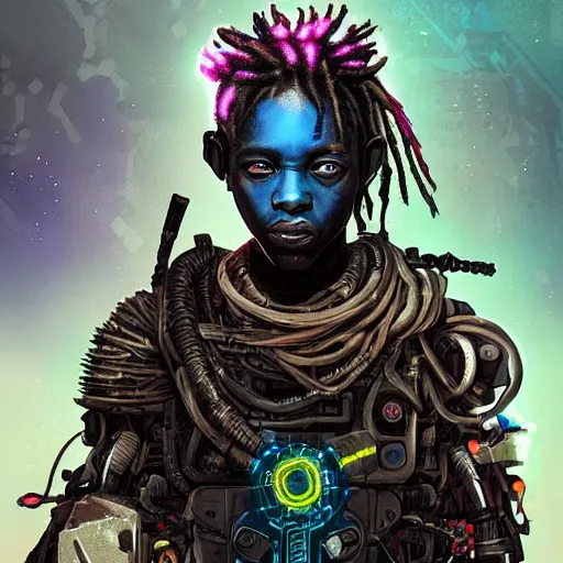 Prompt: a dark and ominous cyborg african child soldier with glowing eyes and steel dreadlocks, neon graffiti, Apex Legends character digital illustration portrait design, by android jones and greg rutkowski in a cyberpunk voodoo style, retrowave color scheme, detailed, cinematic lighting, wide angle action dynamic portrait