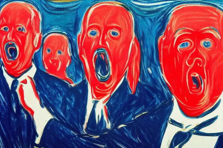 Image similar to Edvard Munch's 'the scream but with joe biden and the stock market is in the background', painting, expressionism