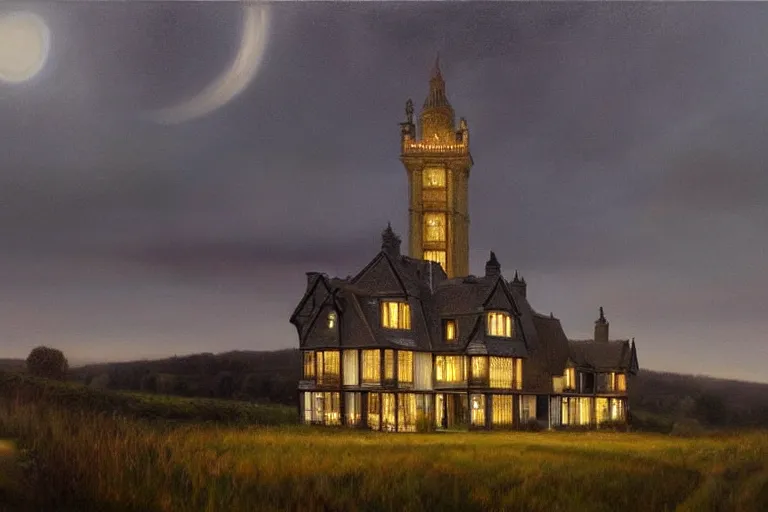 Image similar to a beautiful hyperrealistic painting of a british victorian house with a tower at night, very detailed by andrea kowch and samuel and joseph newsom