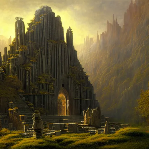 Image similar to a beautiful and highly detailed matte painting of an ancient stone brick elven temple, epic scale, insanely complex, hyperdetailed, sharp focus, hyperrealism, artstation, cgsociety, 8 k, by caspar friedrich, albert bierstadt, james gurney, brian froud,