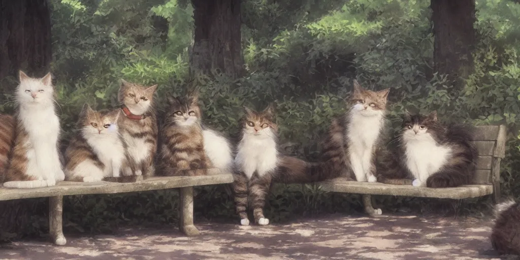 Prompt: several cats sitting on a bench, close up shot, anime art, Greg Rutkowski, studio ghibli, dramatic lighting