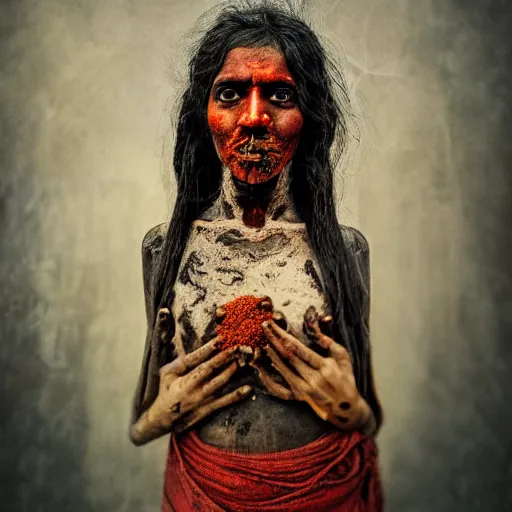 Prompt: realistic exposed expired fuji film portrait of aghori india woman covered in ash, tentacled creature mix, marigold celestial vibe, hyperrealism, hypermaxiymalism, photorealistic, detailed, atmospheric, 8 k, award winning photography, cinematic