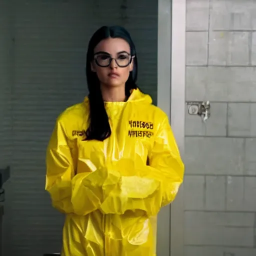 Image similar to veronica lodge cooking meth in a yellow hazmat suit, still from breaking bad