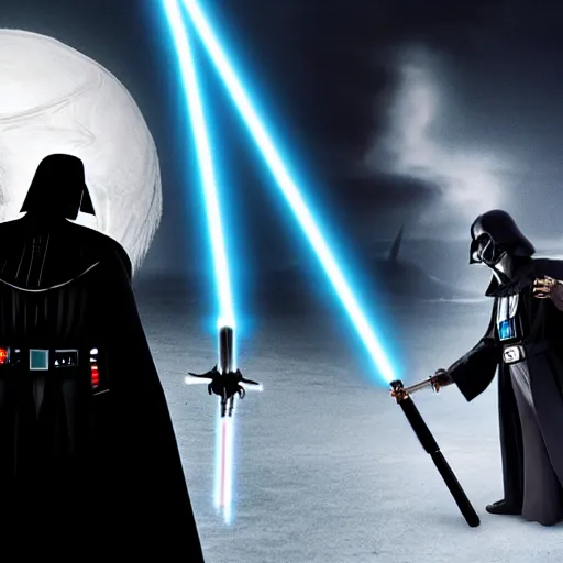 Image similar to gandalf vs darth vader, dramatic lighting,