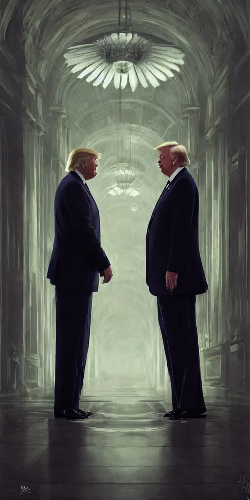 Prompt: symmetry!! donald trump and joe biden looking at each other in a hall, evil, very detailed, perfect lighting, perfect composition, 4 k, artgerm, derek zabrocki, greg rutkowski