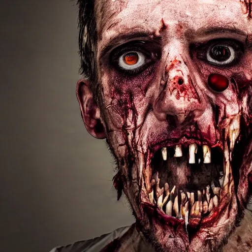 Image similar to a very realistic and scary portrait of a zombie man, flesh get down, eye is falling as jaw, very detailed photography, 4k