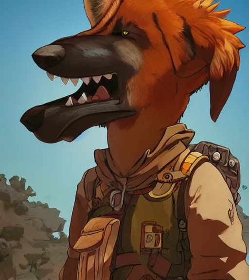 Image similar to stylized 3 / 4 portrait concept art of the anthro anthropomorphic dingo dog head animal person fursona wearing clothes adventurer standing in australia outback, hidari, color page, tankoban, 4 k, tone mapping, akihiko yoshida, greg rutowski, yoji shinkawa