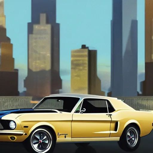 Image similar to 1 9 6 8 ford mustang during golden hour, view of new york in warm light, highly detailed, artstation, concept art