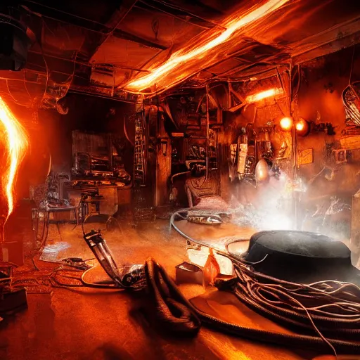 Image similar to red hot frying pan with bacon, tangles of metallic cables, dark messy smoke - filled cluttered workshop, dark, dramatic lighting, orange tint, sparks, plasma charges, cinematic, highly detailed, sci - fi, futuristic, movie still