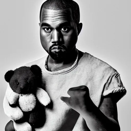 Image similar to Portrait studio photograph of Kanye West holding a anthropomorphic teddy bear, close up, shallow depth of field, in the style of Felice Beato, Noir film still, 40mm