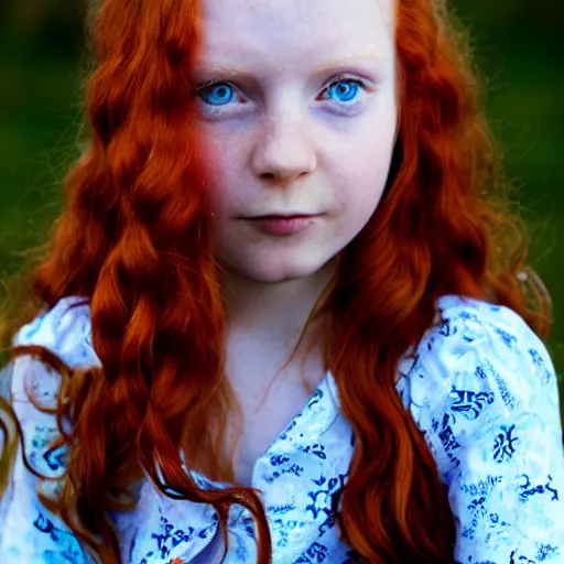Prompt: Close up 35mm nikon photo of the left side of the head of dressed redhead girl with gorgeous blue eyes and wavy long red hair, who looks directly at the camera.
