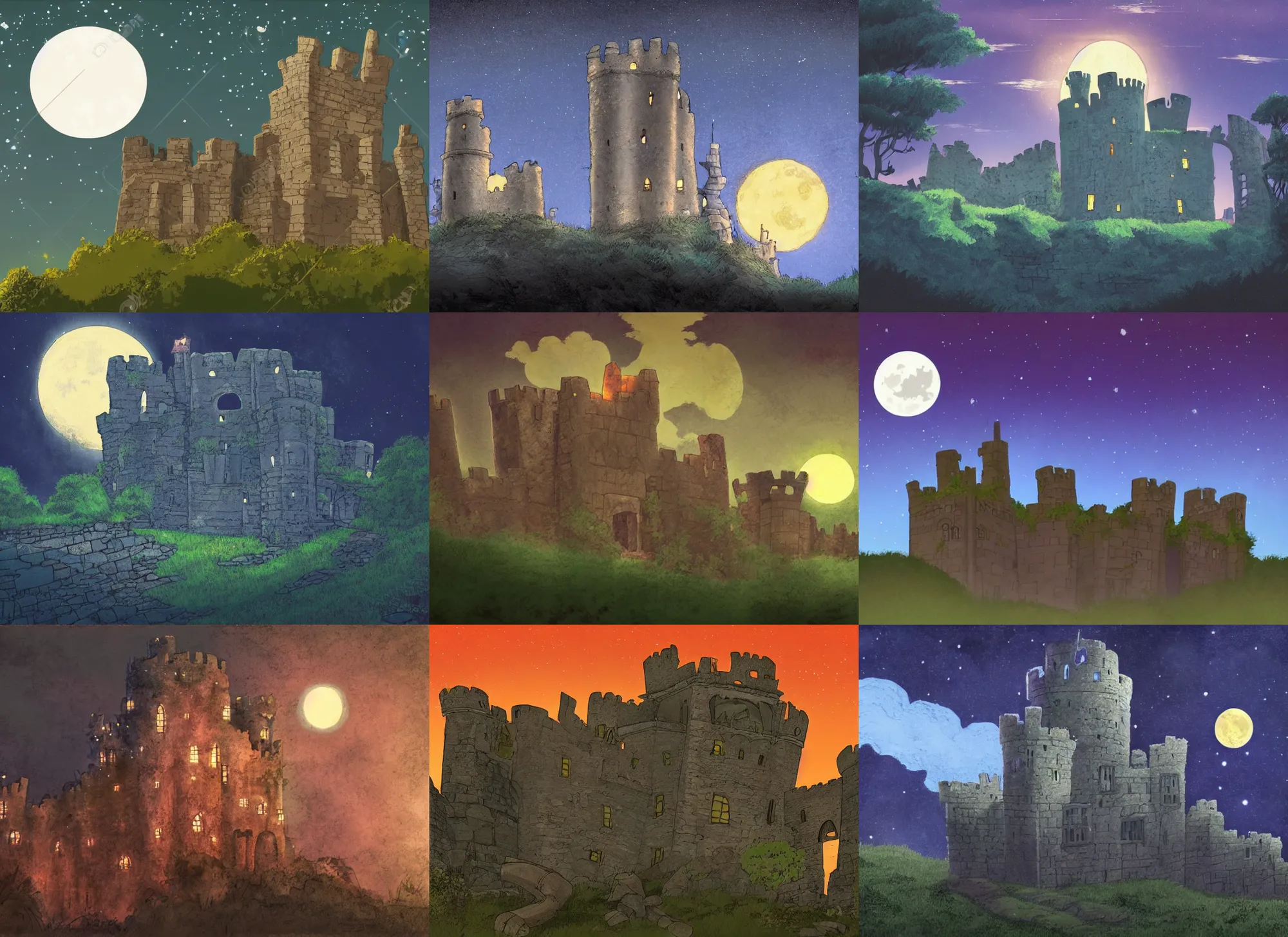 Prompt: the ruins of a castle, in the night, lit by the moon, in the style of studio ghibli, dramatic, fantasy lighting