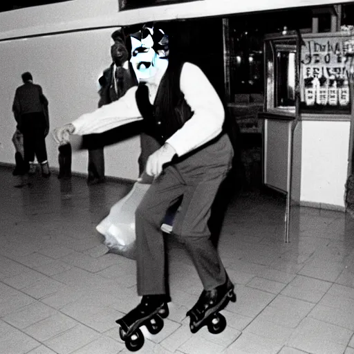 Image similar to Photo of President Nixon rollerblading in a Mexican restaurant, award-winning front-page newspaper, grainy, 1970s