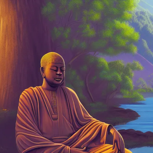 Prompt: contented peaceful nigerian!! buddha, praying meditating, in a scenic environment, detailed, golden hour, realism, artstation trending, digital art