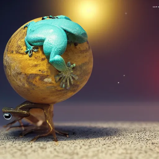 Image similar to a muscular frog holding planet earth over its head, octane render, cinematic rendering, 8 k, octane, digital art